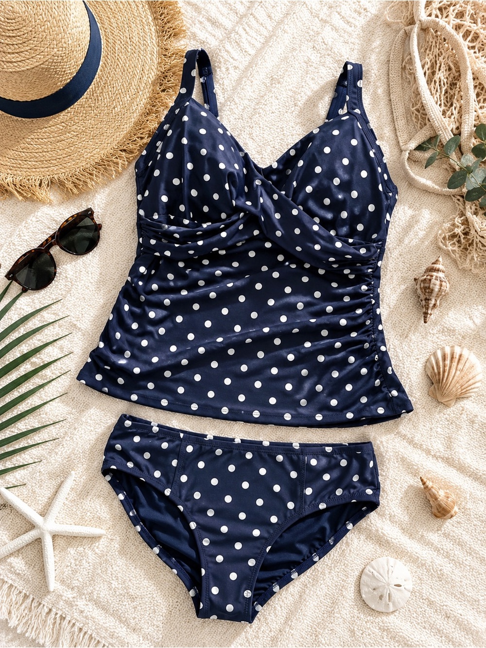 Lands’ End Tankini Swimsuit Set 18W DD Top 16W Bottom Navy White Polka Dot